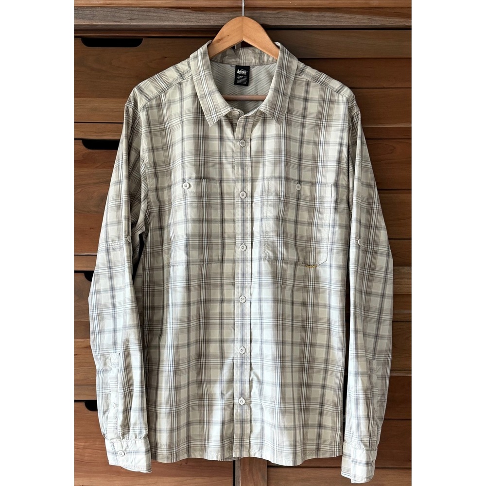 Men's REI Co-Op XL TALL Plaid Performance Long Sleeve Button Down Shirt Tan Blue